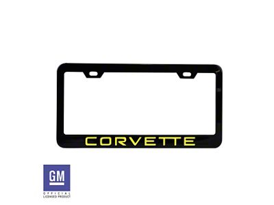 CA License Plate Frame with Yellow Corvette Script; Matte Black Stainless Steel (Universal; Some Adaptation May Be Required)