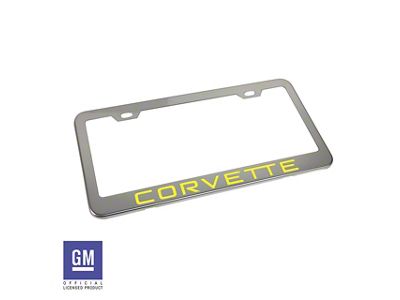 CA License Plate Frame with Yellow Corvette Script; Polished Stainless Steel (Universal; Some Adaptation May Be Required)