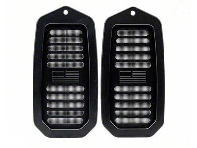 Billet Door Jamb Vents with FLAG logo; Black Anodized (70-92 Camaro)