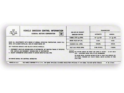 Camaro Emission Decal, Automatic Or Manual Transmission, California, 250ci 1-Barrel, 1976