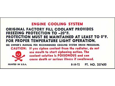 Camaro Engine Compartment Decal, Caution Cooling System,1973