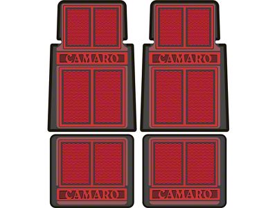 Front and Rear Floor Mats with Block Lettering; Red (67-92 Camaro)