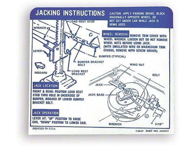 Camaro Jacking Instruction Decal, For Regular Spare Tire, Convertible, 1968