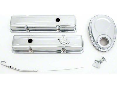 Low Profile Valve Covers, Oil Cap, Dip Stick and Timing Chain Cover; Chrome (67-86 Camaro Small Block V8)