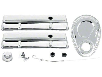 Low Profile Valve Covers and Timing Chain Cover; Chrome (67-86 Camaro Small Block V8)