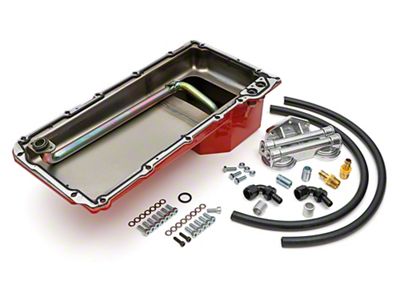 LS Swap Oil Pan and Horizontal Double Filter Relocation Kit; Red (67-74 Camaro w/ LS Swap)