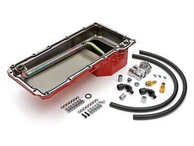 LS Swap Oil Pan and Horizontal Single Filter Relocation Kit; Red (67-74 Camaro w/ LS Swap)