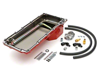 LS Swap Oil Pan and Vertical Single Filter Relocation Kit; Red (67-74 Camaro w/ LS Swap)