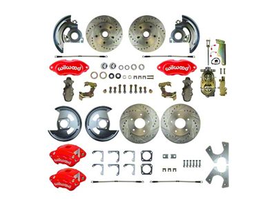 The Right Stuff Detailing Performance Series 2-Inch Drop 4-Wheel Disc Brake Conversion Kit with Original Brake Booster/Master Cylinder; Red Calipers (1967 Camaro w/ Non-Staggered Shocks)