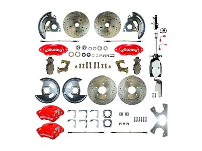 The Right Stuff Detailing Performance Series 2-Inch Drop 4-Wheel Disc Brake Conversion Kit with Chrome Brake Booster/Master Cylinder; Red Calipers (1967 Camaro w/ Non-Staggered Shocks)