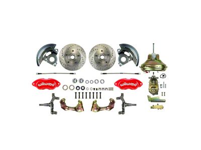 The Right Stuff Detailing Performance Series 2-Inch Drop Front Power Disc Brake Conversion Kit with Original Brake Booster/Master Cylinder; Red Calipers (67-69 Camaro)