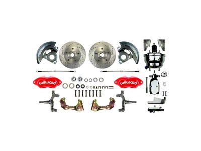 The Right Stuff Detailing Performance Series 2-Inch Drop Front Power Disc Brake Conversion Kit with Chrome Brake Booster/Master Cylinder; Red Calipers (67-69 Camaro)