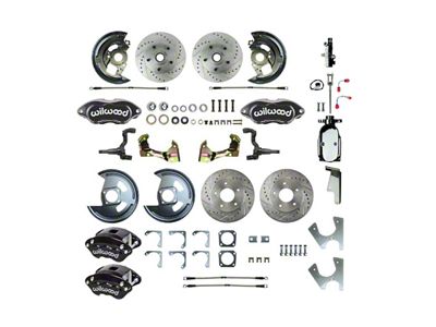 The Right Stuff Detailing Performance Series 4-Wheel Disc Brake Conversion Kit with Chrome Brake Booster/Master Cylinder; Black Calipers (68-69 Camaro w/ Staggered Shocks)