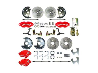 The Right Stuff Detailing Performance Series 4-Wheel Disc Brake Conversion Kit with Original Brake Booster/Master Cylinder; Red Calipers (68-69 Camaro w/ Staggered Shocks)