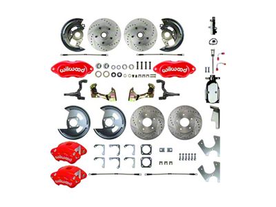 The Right Stuff Detailing Performance Series 4-Wheel Disc Brake Conversion Kit with Chrome Brake Booster/Master Cylinder; Red Calipers (68-69 Camaro w/ Staggered Shocks)