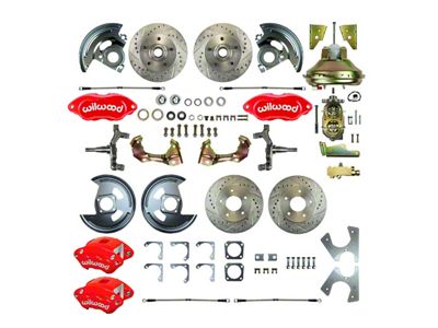 The Right Stuff Detailing Performance Series 4-Wheel Power 2-Inch Drop Disc Brake Conversion Kit with Original Brake Booster/Master Cylinder; Red Calipers (67-69 Camaro w/ Non-Staggered Shocks)