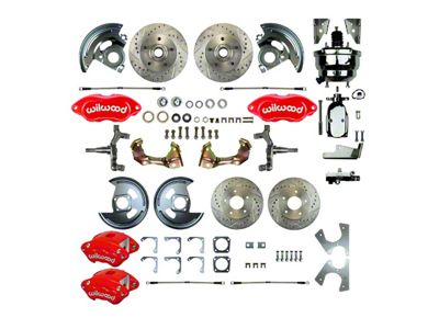 The Right Stuff Detailing Performance Series 4-Wheel Power 2-Inch Drop Disc Brake Conversion Kit with Chrome Brake Booster/Master Cylinder; Red Calipers (67-69 Camaro w/ Non-Staggered Shocks)