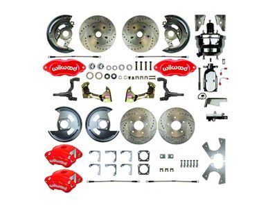 The Right Stuff Detailing Performance Series 4-Wheel Power Disc Brake Conversion Kit with Chrome Brake Booster/Master Cylinder; Red Calipers (67-69 Camaro w/ Non-Staggered Shocks)