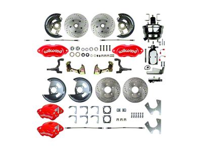 The Right Stuff Detailing Performance Series 4-Wheel Power Disc Brake Conversion Kit with Chrome Brake Booster/Master Cylinder; Red Calipers (67-69 Camaro w/ Non-Staggered Shocks)