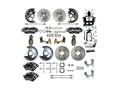 The Right Stuff Detailing Performance Series 4-Wheel Power Disc Brake Conversion Kit with Chrome Brake Booster/Master Cylinder; Black Calipers (67-69 Camaro w/ Staggered Shocks)