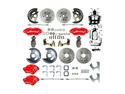 The Right Stuff Detailing Performance Series 4-Wheel Power Disc Brake Conversion Kit with Chrome Brake Booster/Master Cylinder; Red Calipers (67-69 Camaro w/ Staggered Shocks)