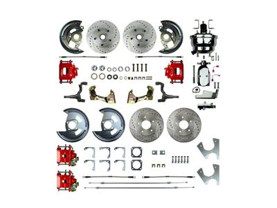 The Right Stuff Detailing Performance Series 4-Wheel Power Disc Brake Conversion Kit with Chrome Brake Booster/Master Cylinder; Red Calipers (68-69 Camaro w/ Staggered Shocks)