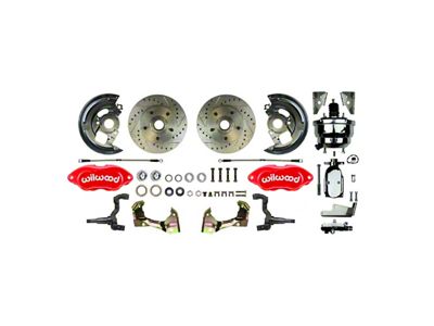 The Right Stuff Detailing Performance Series Front Power Disc Brake Conversion Kit with Chrome Brake Booster/Master Cylinder; Red Calipers (67-69 Camaro)