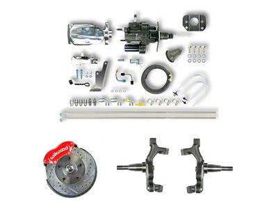 The Right Stuff Detailing Performance Series Hydro Boost 2-Inch Drop Front Disc Brake Conversion Kit with Chrome Brake Booster/Master Cylinder; Red Calipers (67-69 Camaro)