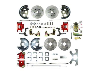 The Right Stuff Detailing Street Series 4-Wheel Manual Disc Brake Conversion Kit with Original Brake Booster/Master Cylinder; Red Calipers (1967 Camaro w/ Non-Staggered Shocks)