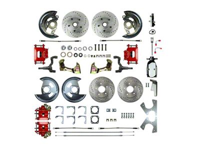 The Right Stuff Detailing Street Series 4-Wheel Manual Disc Brake Conversion Kit with Chrome Brake Booster/Master Cylinder; Red Calipers (1967 Camaro w/ Non-Staggered Shocks)