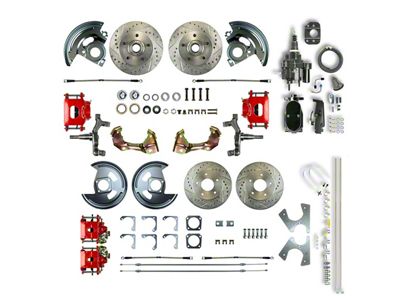 The Right Stuff Detailing Street Series Hydro Boost 2-Inch Drop 4-Wheel Disc Brake Conversion Kit with Black Brake Booster/Master Cylinder; Red Calipers (1967 Camaro w/ Non-Staggered Shocks)