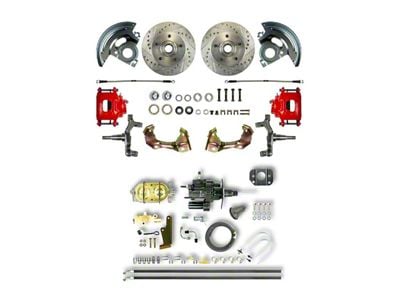 The Right Stuff Detailing Street Series Hydro Boost 2-Inch Drop Front Disc Brake Conversion Kit with Original Brake Booster/Master Cylinder; Red Calipers (67-69 Camaro)