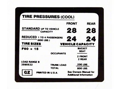 Camaro Tire Pressure Decal, 1971-1972