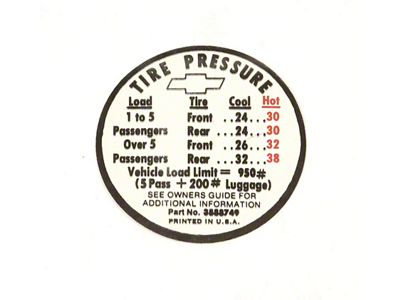 Chevelle Decal, Tire Pressure, SS 1966