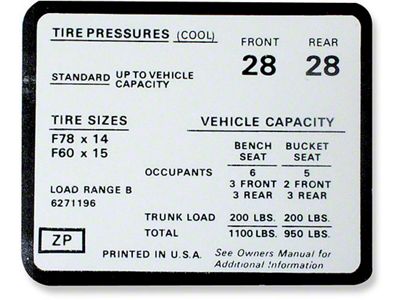 Chevelle Decal, Tire Pressure, Super Sport SS , 1972