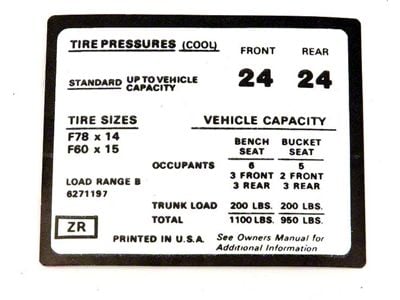 Chevelle Decal, Tire Pressure, With Optional Tires Super Sport SS , 1972