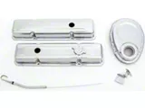 Low Profile Valve Covers, Oil Cap, Dip Stick and Timing Chain Cover; Chrome (64-76 Chevelle, Laguna, Malibu Small Block V8)