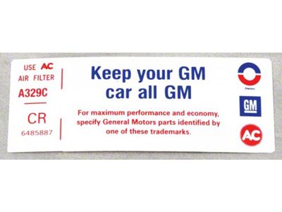 Chevelle or Malibu Air Cleaner Decal, Keep Your GM All GM, 1972