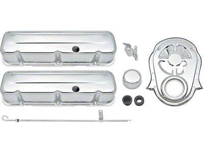 Tall Valve Covers and Timing Chain Cover; Chrome (65-75 Chevelle, Malibu; 1973 Laguna)