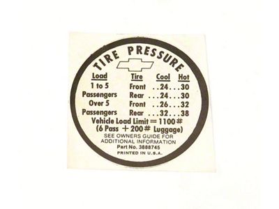 Chevelle Tire Pressure Decal, 1966