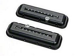 Chevy Aluminum Valve Covers, Black Powder Coated, With Chevrolet Script, Big Block, 1955-1957