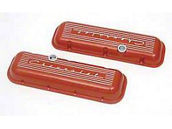 Chevy Aluminum Valve Covers, Orange Powder Coated, With Chevrolet Script, Big Block, 1955-1957