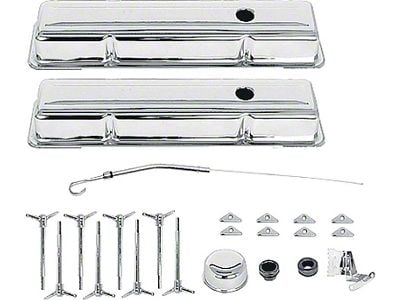 Low Profile Valve Covers; Chrome (58-72 Biscayne, Brookwood, Del Ray, Kingswood, Parkwood, Townsman, Yeoman Small Block V8; 66-86 Caprice Small Block V8; 58-85 Impala Small Block V8)