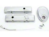 Low Profile Valve Covers, Oil Cap, Dip Stick and Timing Chain Cover; Chrome (58-72 Biscayne, Brookwood, Del Ray, Kingswood, Parkwood, Townsman, Yeoman Small Block V8; 66-86 Caprice Small Block V8; 58-85 Impala Small Block V8)