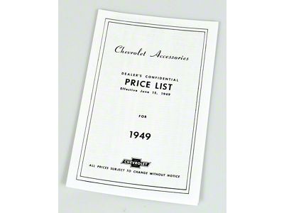 Chevy Price List Booklet, Accessory, New Car, 1949