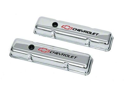 Chevy Truck Valve Covers, Small Block, With Baffle, Short Design, Chrome, With Chevrolet Script & Bowtie Logo, 1955-1986