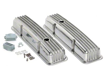 Short Retro Style Valve Covers; Finned; Polished (58-86 Small Block V8 Corvette C1, C2, C3 & C4)