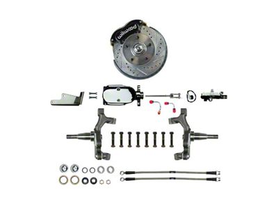 The Right Stuff Detailing Performance Series 2-Inch Drop Front Manual Disc Brake Conversion Kit with Chrome Brake Booster/Master Cylinder; Black Calipers (64-72 442, Cutlass, F85, Vista Cruiser)