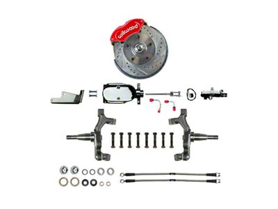 The Right Stuff Detailing Performance Series 2-Inch Drop Front Manual Disc Brake Conversion Kit with Chrome Brake Booster/Master Cylinder; Red Calipers (64-72 442, Cutlass, F85, Vista Cruiser)