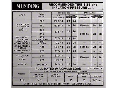 Early 1970 Mustang Tire Pressure Decal